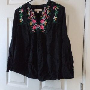 Loft Floral Embroidered Split Neck Bell Sleeve Black Blouse Size XS
